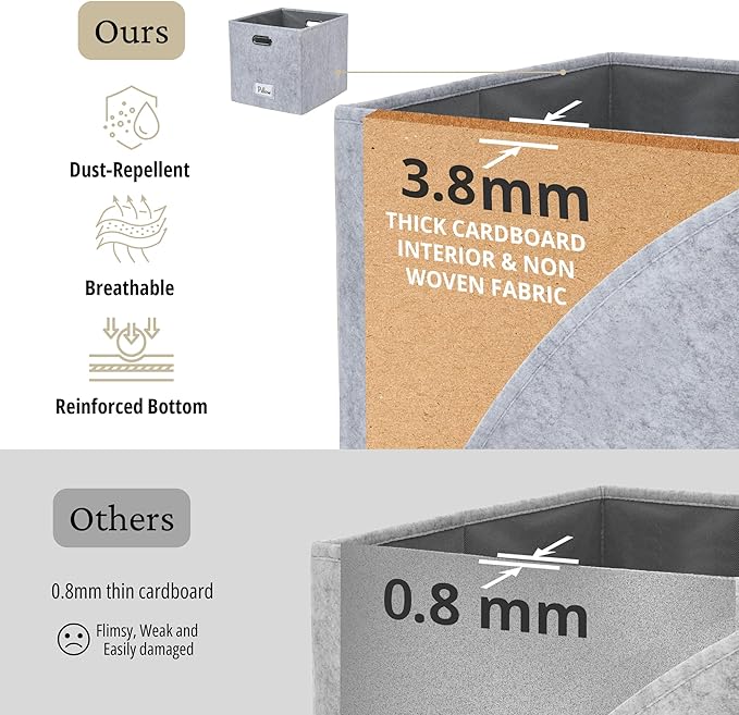 DECOMOMO Felt Storage Bins 13x15x13 Storage Cube Bins with Labels, Baskets for Organizing Shelves (Kallax / 4pcs, Light Grey)