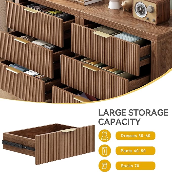 3 Drawer Dresser for Bedroom, Modern Wooden Chest with Handles, Fluted Dresser with Wide Drawers and Bearing Slide for Hallway, Entryway, Walnut