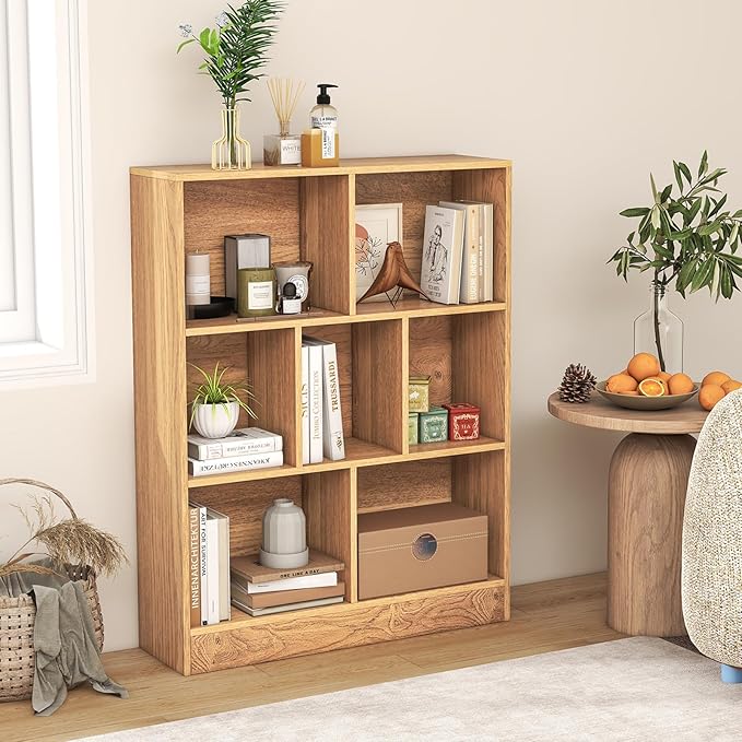 Giantex 7 Cube Bookcase, 4-Tier Freestanding Bookshelf w/ 7 Open Compartments, 2 Anti-Tipping Kits, Modern Display Cabinet, 41" Wood Cubby Storage Organizer for Living Room, Bedroom, Natural