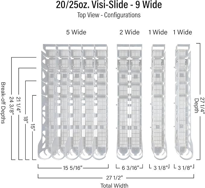 Visi-Slide 20oz Soda Beverage Dispenser - Gravity Fed Glide for Angled Shelves for Coolers, Commercial Refrigerators, Cold Vaults (Pack of 6) Drink Organizer for Cans, Bottles and More
