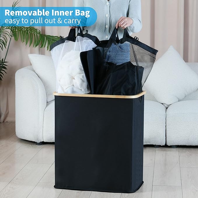 efluky Laundry Hamper with Lid, Double Laundry Hamper with 2 Removable Bags, 2 Section Laundry Basket with Bamboo Handles for Bathroom, Bedroom & Laundry Room, 140L (36.9 Gallon) Black