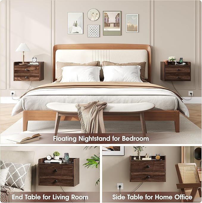 Floating Nightstand Set of 2 with 2 Storage Drawers and Charging Station Wood Wall Mounted Bedside End Table Modern Night Stands Set 2 for Bedroom,Small Space,Brown Walnut