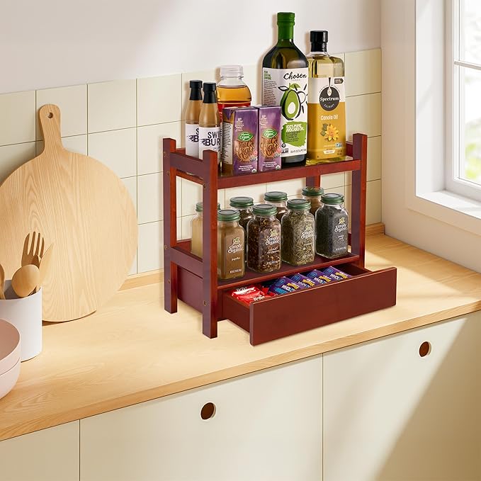 Sorbus Bamboo Bathroom Counter Organizer – 2-Tier Shelf with Hidden Drawer for Vanity, Matcha Station, Bathroom Sink Organizer Countertop, Kitchen & Office Storage (13″ L x 6.5″ W x 12.6″ H) (Brown)
