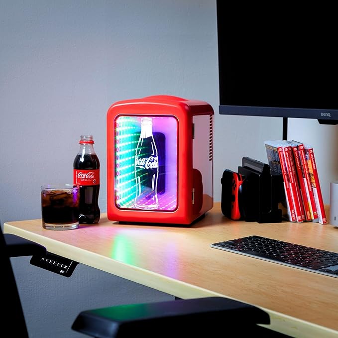 Coca-Cola 4L / 6-Can Mini Fridge with Multi-Color LED Light – Portable Thermoelectric 12V DC/110V AC Quiet Cooler/Warmer for Bedroom, Office, Car & Gaming Room – Mini Refrigerator for Drinks Skincare