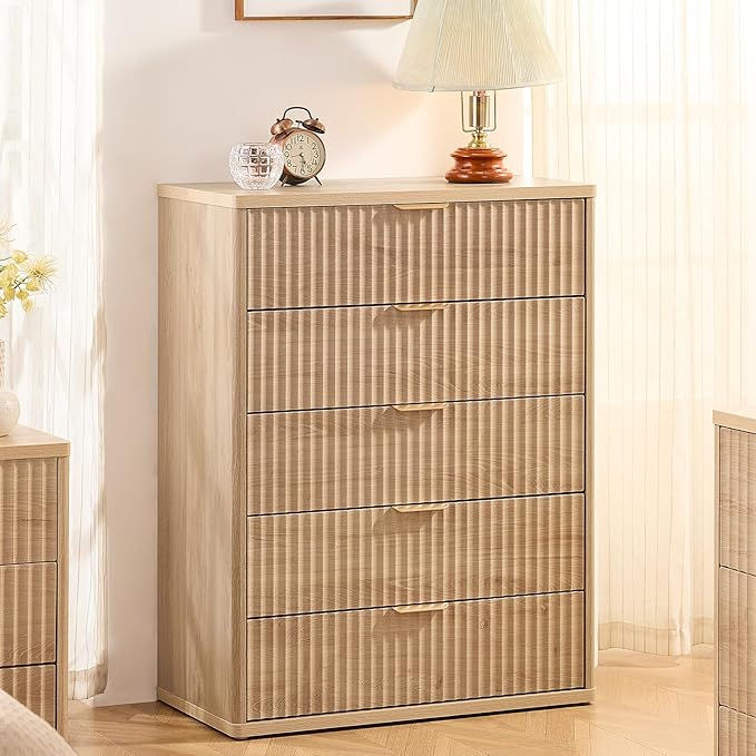 LEYAOYAO Fluted 5 Drawers Dresser for Bedroom, 41" Tall Modern Chest of Drawers with Metal Handle for Bedroom, Living Room, Hallway, Entryway