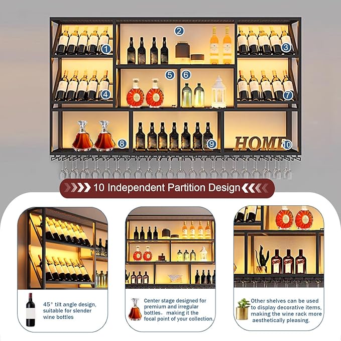 3 Tier Large Wine Rack Wall Mounted with Glass Holder, Black Modern Iron Liquor Shelf, 51.1 Inch Large Wine Bottle Display Shelf, for Kitchen Dining, Home Bar, Cellar (51.1" W)