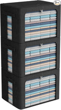 CYhom 3Pack Foldable Storage Bins - Frame Storage Box Linen Fabric Stackable Clothes Container Organizer with Clear Window & Carry Handles Large Capacity (Extra Large-100L, Black)