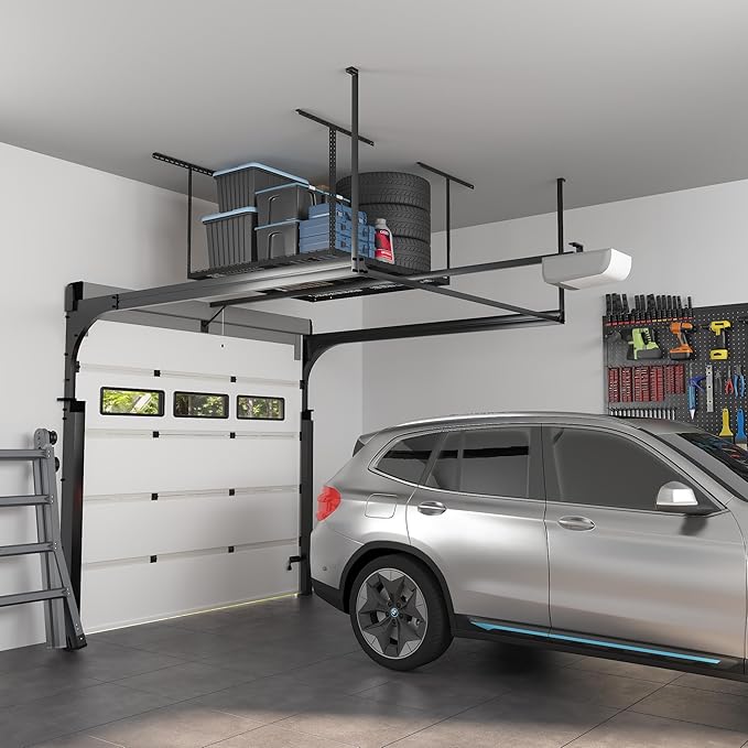 FLEXIMOUNTS 4x4FT Garage Storage Rack Overhead, Adjustable Ceiling Storage Racks, Metal Garage Organization System with 350LBS Weight Capacity(Black), Classic Series
