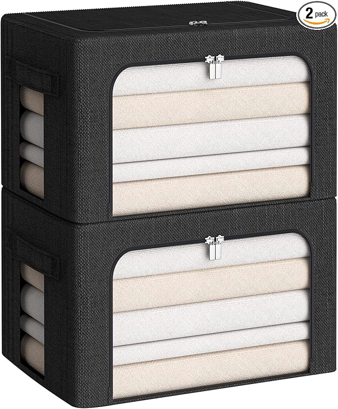 CYhom Clothes Storage Bins Box - Linen Fabric Foldable Stackable Container Organizer Set with Clear Window & Carry Handles & Metal Frame (Black, Medium-36L)