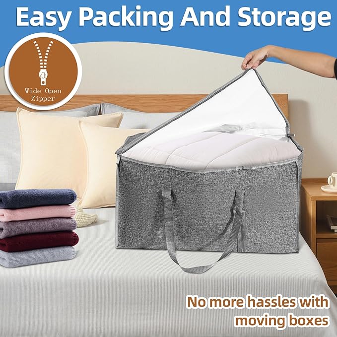 8 Pack-Extra Large Heavy Duty Moving Bags - Waterproof Storage Totes with Handles & Zippers, Foldable for College Dorm, Storage (Gray)