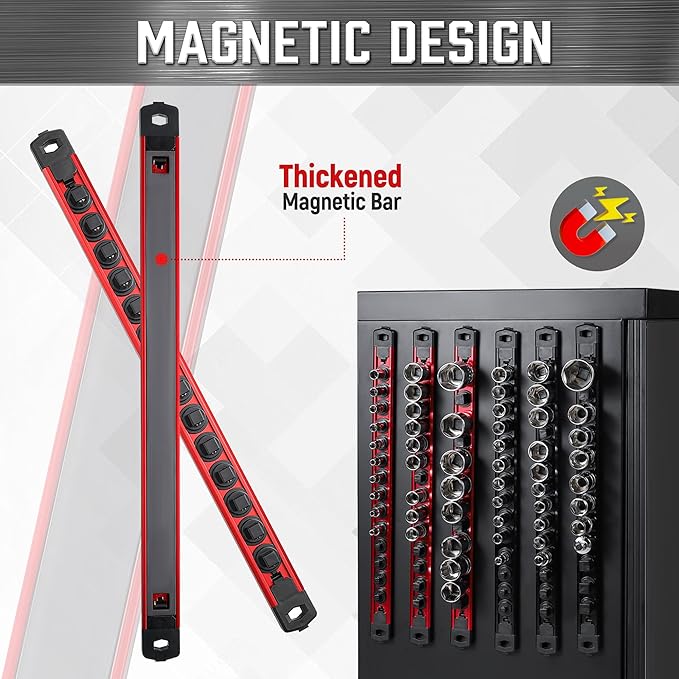 ALOANES 3-Piece Magnetic Socket Organizer, Heavy Duty Aluminum Socket Rails Organizer, 360° Swivel Clips Socket Holder Kit for Tool Box, 1/2, 3/8, 1/4-Inch Socket Holder x 40 Clips (Red)