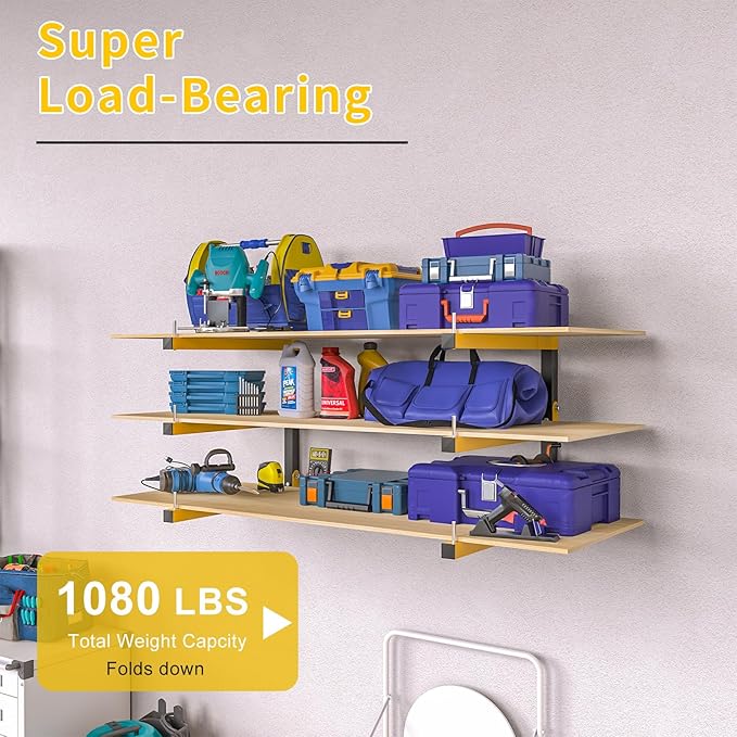 6 PACK Lumber Storage Rack Wall Mount Wood Organizer Storage Racks Heavy Duty Shelf Brackets with 9-Level System 1080 LB Sturdy Folding Garage Wall Shelving, Snowboard Rack for Indoor and Outdoor