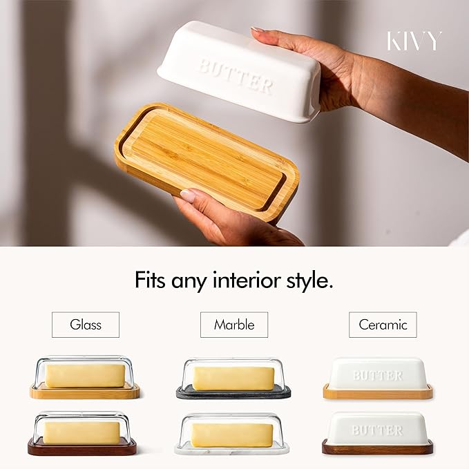 KIVY Butter Dish (White Marble & Glass) - For countertop and refrigerator door shelf - Marble butter keeper - Stone butter dish - Glass butter dish with lid - Dishwasher Safe