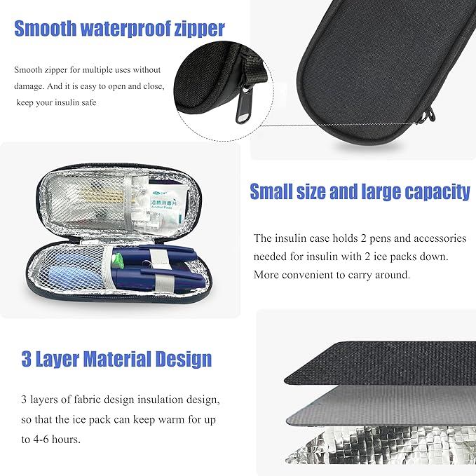 Insulin Pen Cooler Travel Case with TSA Approved Ice Packs,Diabetic Medication Insulated Cool Organizer,Insulin Pen and Other Diabetic Supplies, for the Daily Life and Trip Black