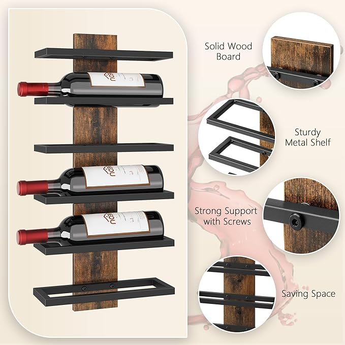 Hoctieon 3-Set 6 Tier Wall Mount Wine Rack, Wall Mounted Wine Bottle Racks for Display and Storage, Hanging Bottle Holder, for Living Room, Dining Room, Bar, Wine Cellar, Rustic Brown