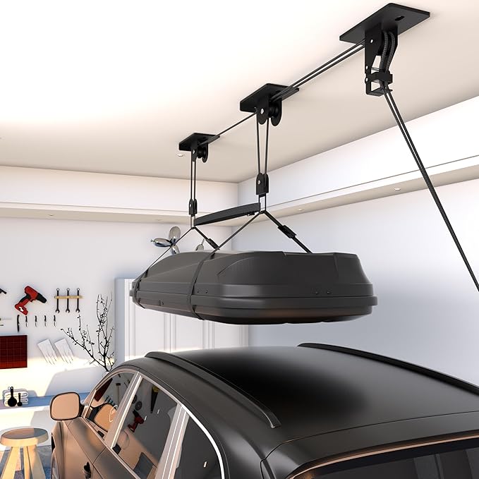 Cargo Box Pulley System for Garage Storage, Heavy-Duty Kayak/Canoes/Bikes/Ladders Ceiling Hoist, Hold Up to 150 lbs Capacity, Fit 10-18 Foot Ceilings, Black