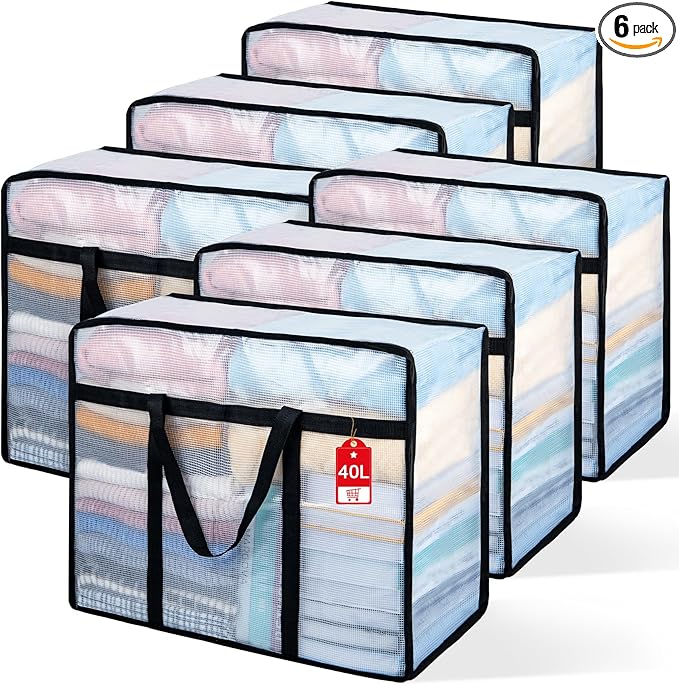 6 Pack Clear Blanket Storage Bags with Zipper, Vinyl Foldable Moving Bags Closet Organizers and Storage Containers for Bedding, Blankets, Comforters, Clothing, Toys, Quilt, Duvet, 40L