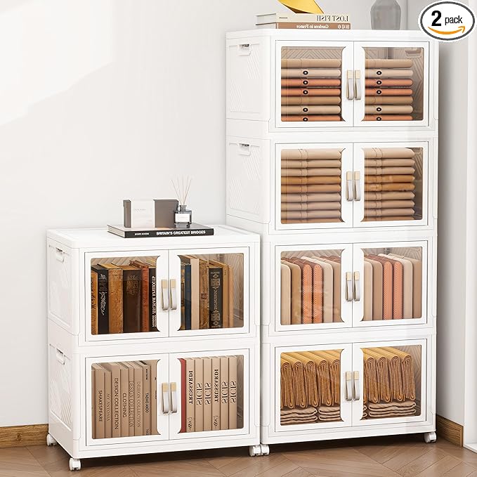 Large Clear Stackable Storage Bins with 2 Lids, Foldable Storage Cabinet for Closet Organizers and Storage, Plastic Storage Box with Wheels 597 QT