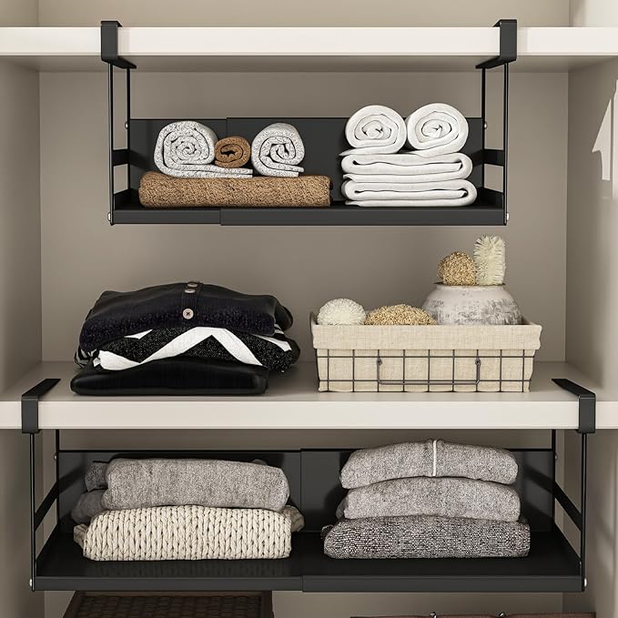 Expandable Under Cabinet Shelf Organizer with 0.94-Inch Thick Clips, Heavy Duty Extendable Under Shelf Storage Basket for Pantry or Laundry Room, Black, 2 Pack, Interior: 4.13" H x 8.54" D