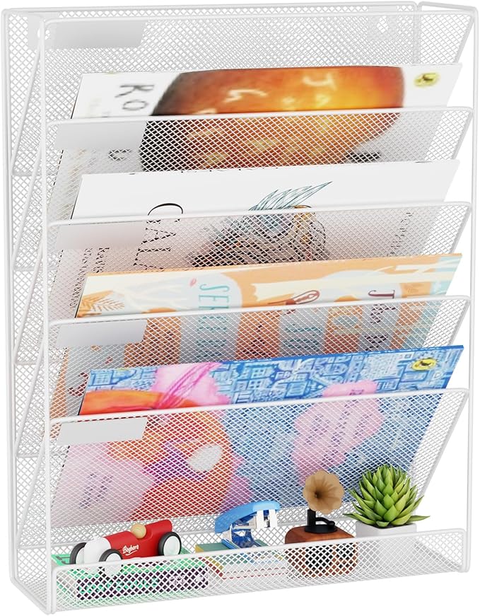 Wall File Organizer Holder Mesh Hanging Paper Document Holder,Vertical 6 Pocket Tier for Office Home, White