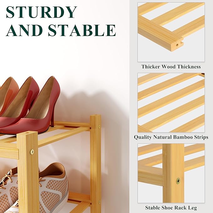 Smiry Bamboo Shoe Rack for Closet, 2 Tier Small Wooden Stackable Shoe Organizer, Free Standing Shoes Storage Shelf for Entryway, Front Door Entrance, Natural