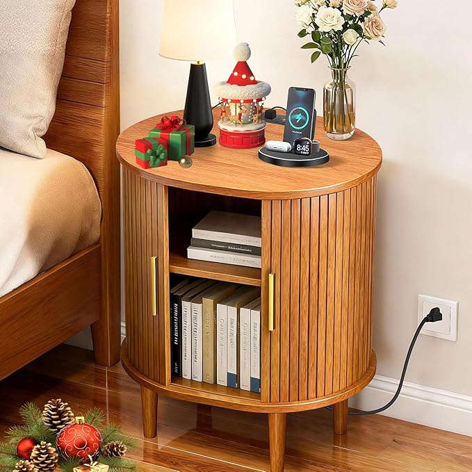 Nightstand with Charging Station, Fluted Accent Side Table with Sliding Door & Adjustable Shelf, Mid-Century Modern End Table for Small Space, Living Room, Bedroom (1, Yellow Walnut)