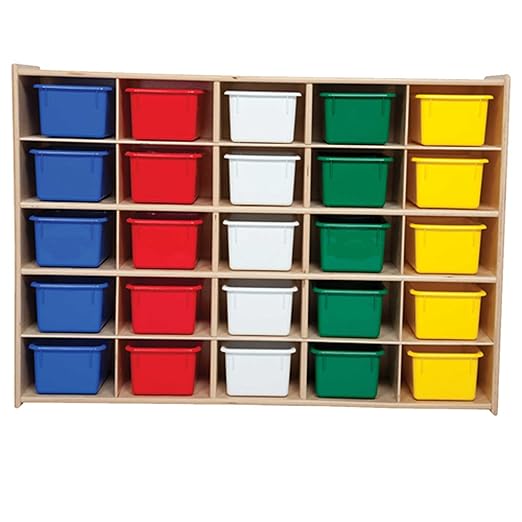Contender 25 Cubbies Storage Cabinet with Assorted Color Trays, Kids Toys, Art and Craft Shelving Unit, Hardwood Shelf for Kindergarten, Homeschool, Office