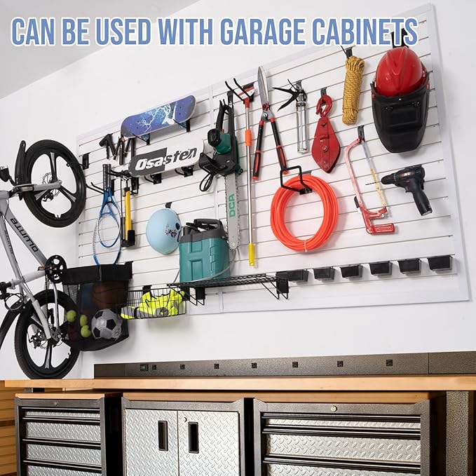 Slatwall Panels Garage Slat Wall Storage Systems 4'x 8', Slat Wall Paneling Garage Wall Organizer, White Slat Board PVC Wall Panels Slatwall Displays Garage Tool Organizer Wall Mount Ladder Bike Rack
