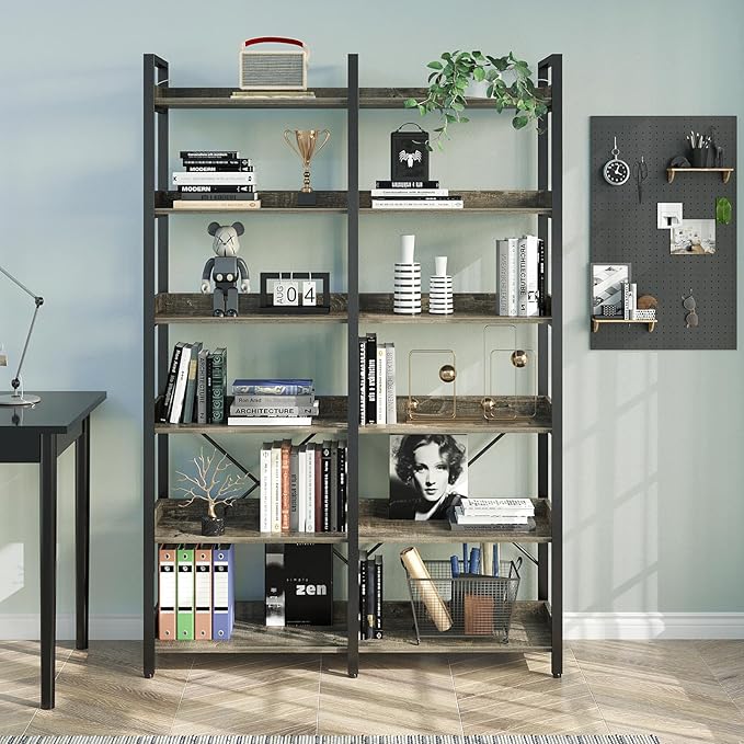 Seventable Bookshelf 6 Tier with 4 Hooks，67”Industrial Wooden Bookcase, Vintage Storage Rack with Open Shelves, Rustic Standing Bookshelves Metal Frame 43.3” Wide Display Rack, Gray