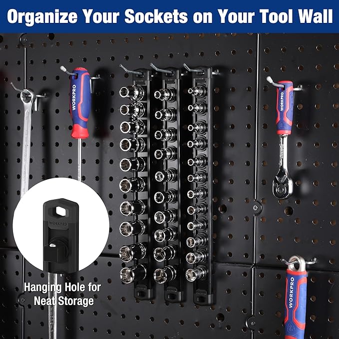 WORKPRO Magnetic Socket Organizer, 3/8-Inch Drive Aluminum Alloy Socket Rail, Heavy Duty Socket Holder, Socket Rack Kit 3/8-Inch x 10 Clips Black (Socket not Included)