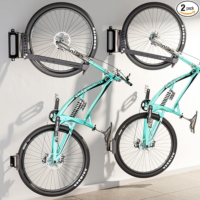 2-Pack Swivel Bike Rack Wall Mount, Bike Hangers for Garage, Space-Saving Vertical Bike Holder, Holds up to 77 lbs, Bicycle Wall Hanger Storage, No Heavy Lifting Required Indoor Hanging Bike Rack