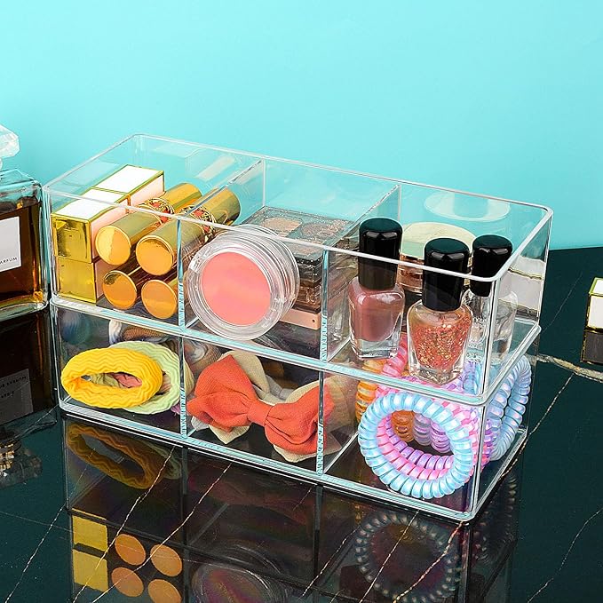 JessLab Acrylic Organizers, Bathroom Organizer for Drawer, 4-Pack Cosmetic Display Cases for Vanity, Countertop, Desk, Kitchen, and Makeup Storage, 3 Compartment