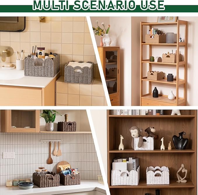 OIAHOMY Scalloped Wicker Baskets, Hand-woven Storage Baskets with Built-in Handles, Paper Rope Shelf Baskets for Organizing and Decoration, Set of 3-White