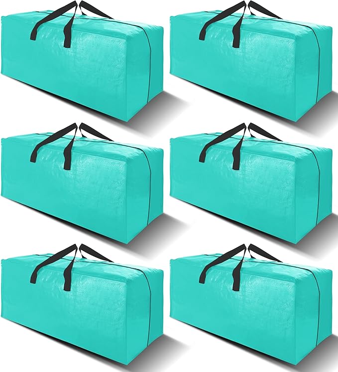 6 Pack Heavy Duty Large Moving Bags W/Backpack Straps - Strong Handles & Zippers, Storage Totes For Space Saving, Fold Flat, Alternative to Moving Box and Storage Bin, Aquamarine