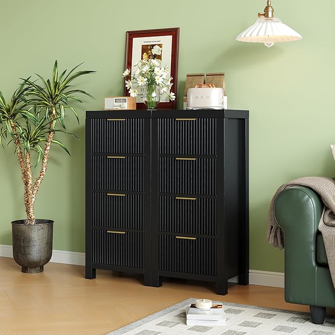 Mid-Century Modern Tall Wooden Dresser with 8 Spacious Drawers, Entryway Storage Chest with Smooth Metal Handles, Bedroom Clothes Organizer for Entryway, Office, and Small Spaces, Black X2