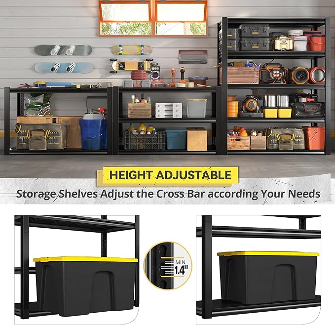 REIBII Garage Shelving Heavy Duty Storage Shelves, Extra Large Adjustable Storage Rack with 5 Tier Metal Shelving 2500LBS Heavy Duty Shelf for Garage Kitchen Pantry Warehouse Basement, 4 Pack