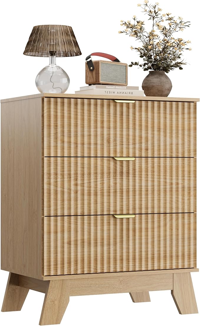 Night Stand Set 2, Bedside Table & End Table, Mid Century Modern Fluted Wood Nightstand with 3 Drawers & Metal Handles, Farmhouse Nightstand for Bedroom, Natural Oak