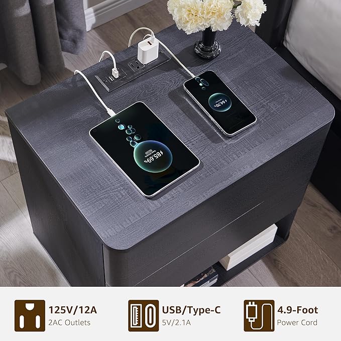 ACCOHOHO Nightstand with Charging Station, 22" Push-to-Open Bedside Table with 2 Storage Drawers, Large Modern End Table for Bedroom,Black