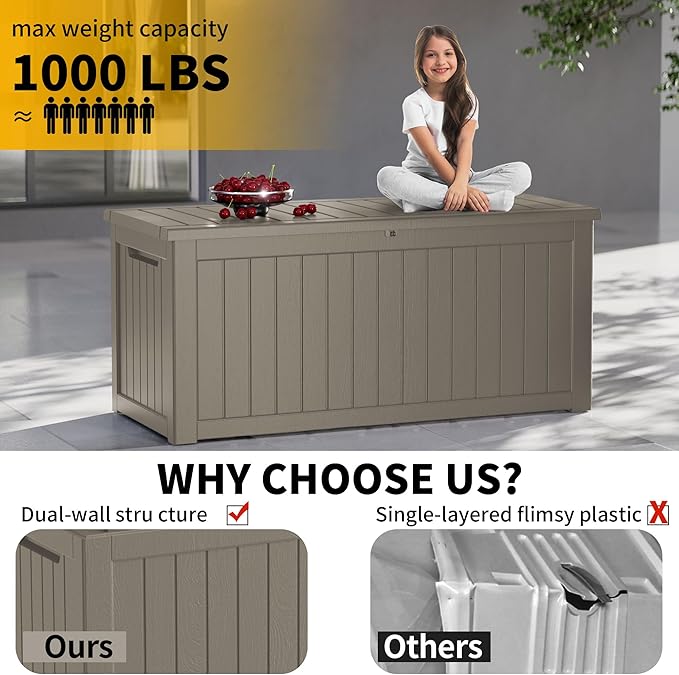 270 Gallon Deck Box, Resin Outdoor Indoor Waterproof Storage Box, Lockable Storage Box With Handle for Patio Furniture - Garden Tools - Swimming Pool Tools UV-Resistant - Grey