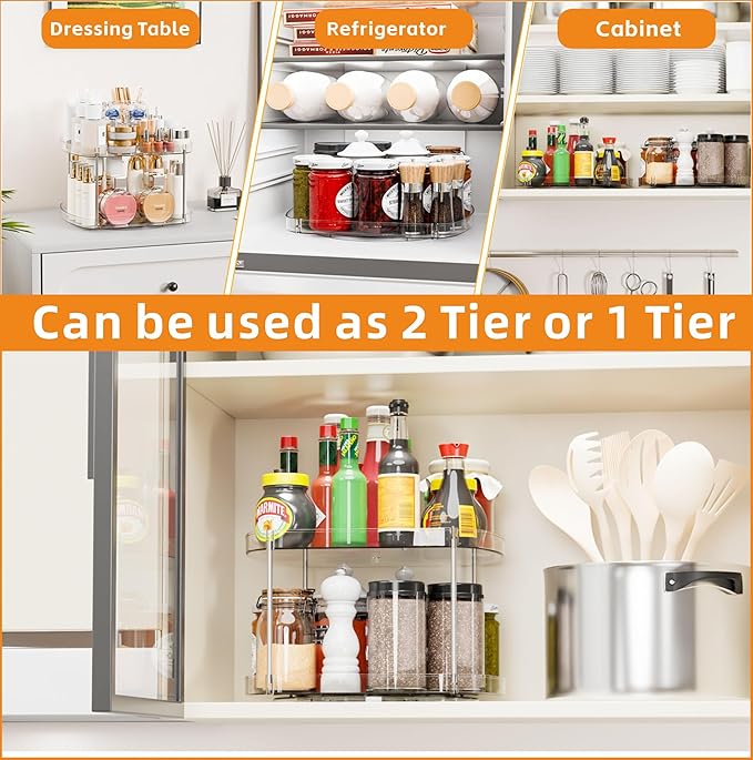 Yieach 2 Pack Rectangle Lazy Susan for Refrigerator,12″x10″ Square Fridge Turntable Organizer & Tray and 2 Tier Rotating Spice Rack for Jar,Can,Medication,Condiments,Seasoning Organizer for Cabinet