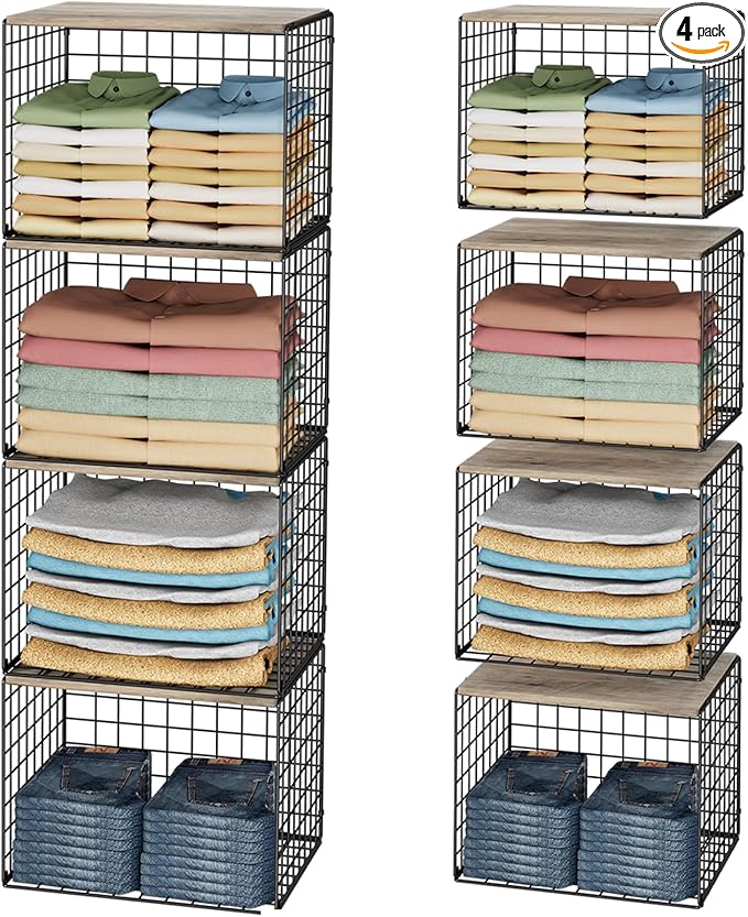 4PCS Wider Closet Organizers and Storage, Stackable Closet Shelf Organizer Storage Bins with Wood Top for Sweaters Jeans, Clothes Organizer Shelves for Wardrobe System Rack, Space-Saving,Sturdy Metal