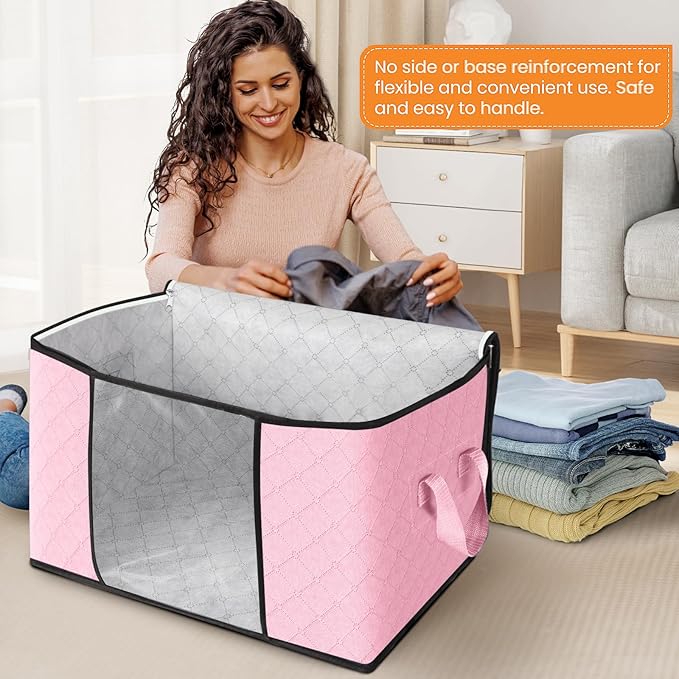 Fab totes 24 Gallons Clothes Storage, Foldable Thick Fabric Blanket Storage Bags, Containers for Organizing Bedroom, Closet, Clothing, Comforter, Organization with Handle (3 Pack,Pink)
