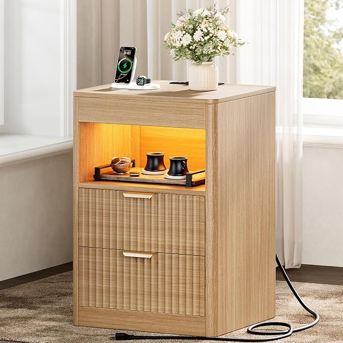 REAHOME Fluted Nightstand Set of 2 with Charging Station, Modern LED Night Stand with 2 Drawers and Pull Out Tray, Wood Bedside Table, End Side Table with Open Shelf for Bedroom,Natural