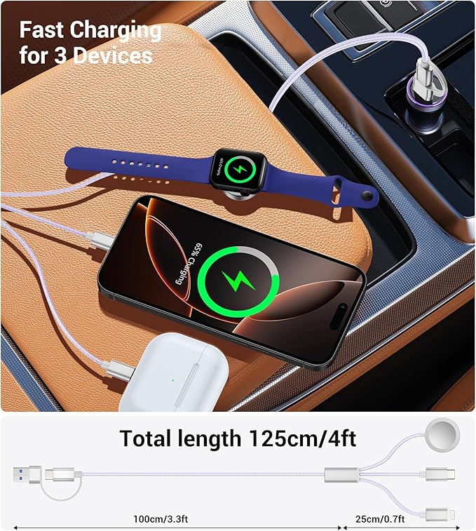 Temdan for Travel Vacation Essentials,3 in 2 USB C Cable for Apple Watch Charger/iPhone 17 Charger/Lightning,Multi Charging Cable Cord,Camping Essentials,Designed for iWatch &iPhone 16-12-4FT Purple