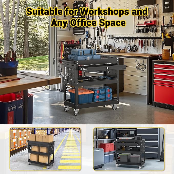 3 Tier Rolling Tool Cart on Wheels, 550 LBS Tool Cart with Drawers，Heavy Duty Utility Cart with Pegboard and Hooks，Mechanic Tool Storage Cart for Garage, Warehouse and Repair Shop(Black)