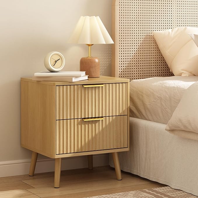 CARPETNAL Fluted Nightstand Set of 2, Oak Bedside Table with 2 Drawers and Gold Handles, Wood End Table Mid Century Night Stands for Bedroom Living Room
