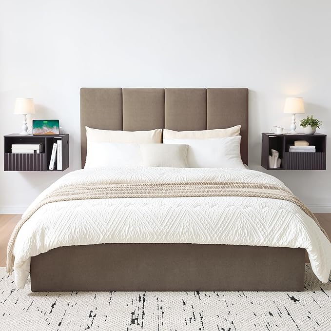 Modern Espresso Fluted Floating Nightstand with Charging Station, NightStand with Drawers, Bedside with USB Ports and Outlets, Bedroom Furniture (Right)