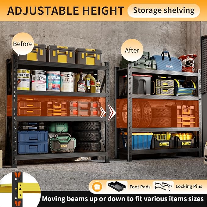 78.7"H Storage Garage Shelving Unit, 4000LBS Heavy Duty Metal Shelves Organization, Adjustable 4 Tier Utility Storage Shelf Rack for Industrial, Basement, Warehouse (Black, 23.6"D×47.2"W×78.7"H)