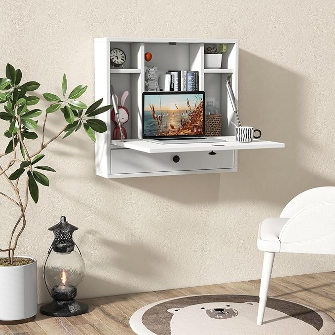 Tangkula Folding Wall Table - Floating Desk with Storage Drawer & Shelves (White)