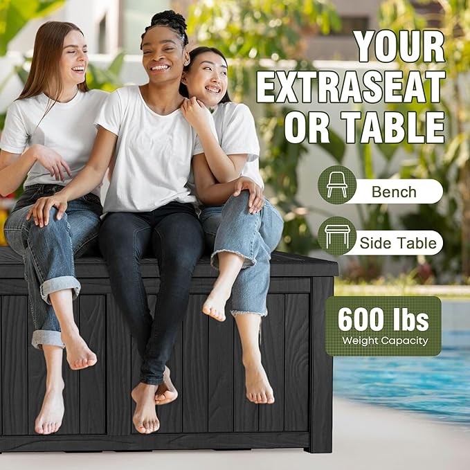 150 Gallon Outdoor Deck Box,Storage Lockable Waterproof Patio Furniture,Garden Tools,Cushions,Pool Accessories Outside Storage Resin Box(Black)